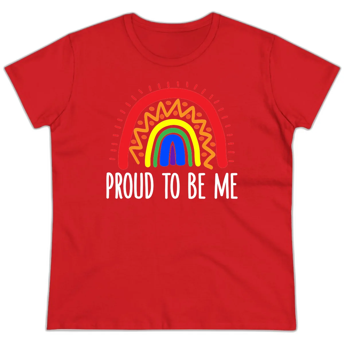 Colorful concentric rainbow arcs with radiating lines and zigzag patterns surrounding text that reads 'Proud To Be Me' in Red