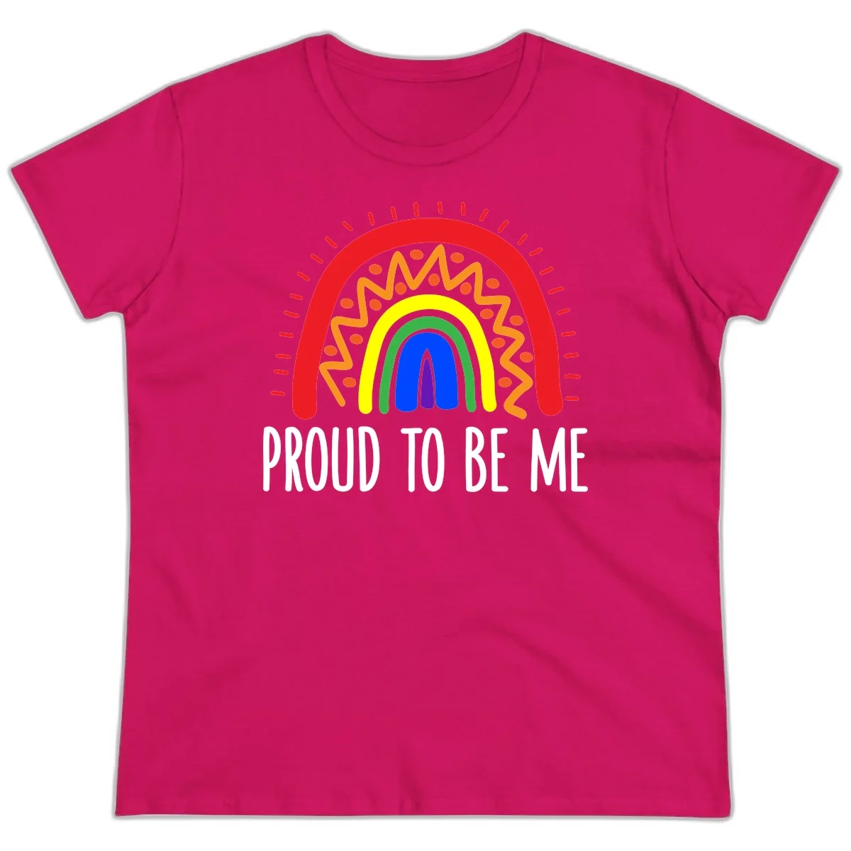 Colorful concentric rainbow arcs with radiating lines and zigzag patterns surrounding text that reads 'Proud To Be Me' in Heliconia