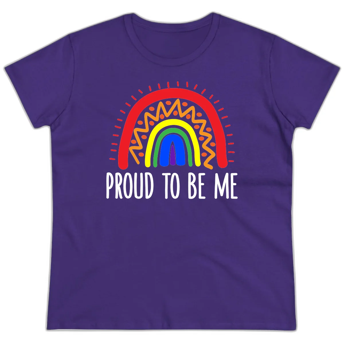 Colorful concentric rainbow arcs with radiating lines and zigzag patterns surrounding text that reads 'Proud To Be Me' in Purple