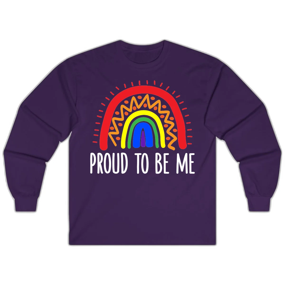 Colorful concentric rainbow arcs with radiating lines and zigzag patterns surrounding text that reads 'Proud To Be Me' in Purple