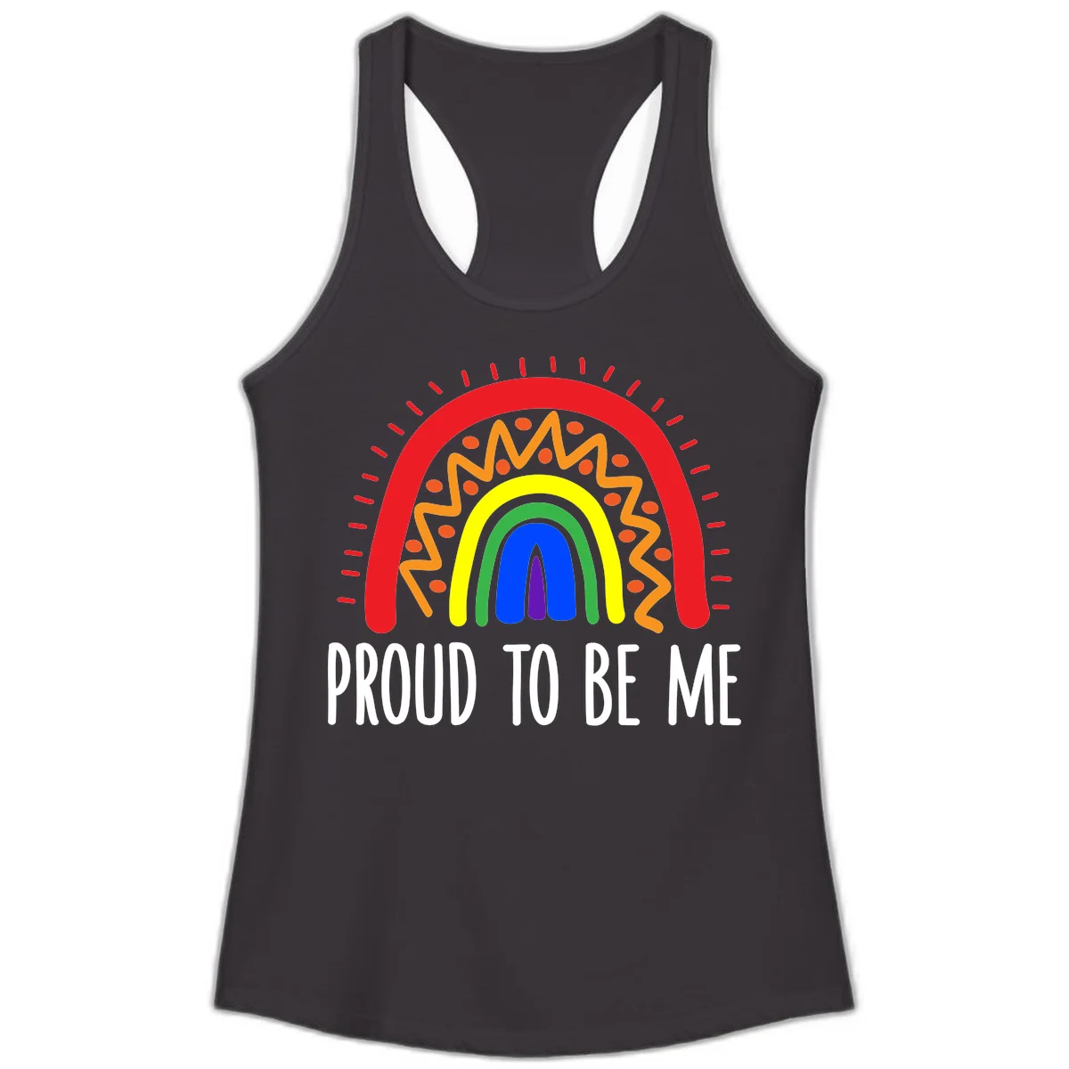 Colorful concentric rainbow arcs with radiating lines and zigzag patterns surrounding text that reads 'Proud To Be Me' in Black