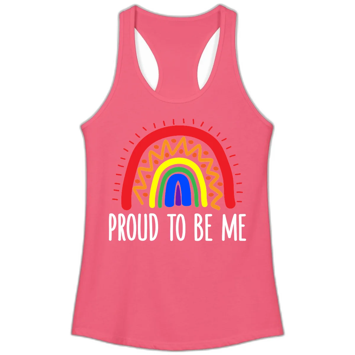 Colorful concentric rainbow arcs with radiating lines and zigzag patterns surrounding text that reads 'Proud To Be Me' in Hot Pink