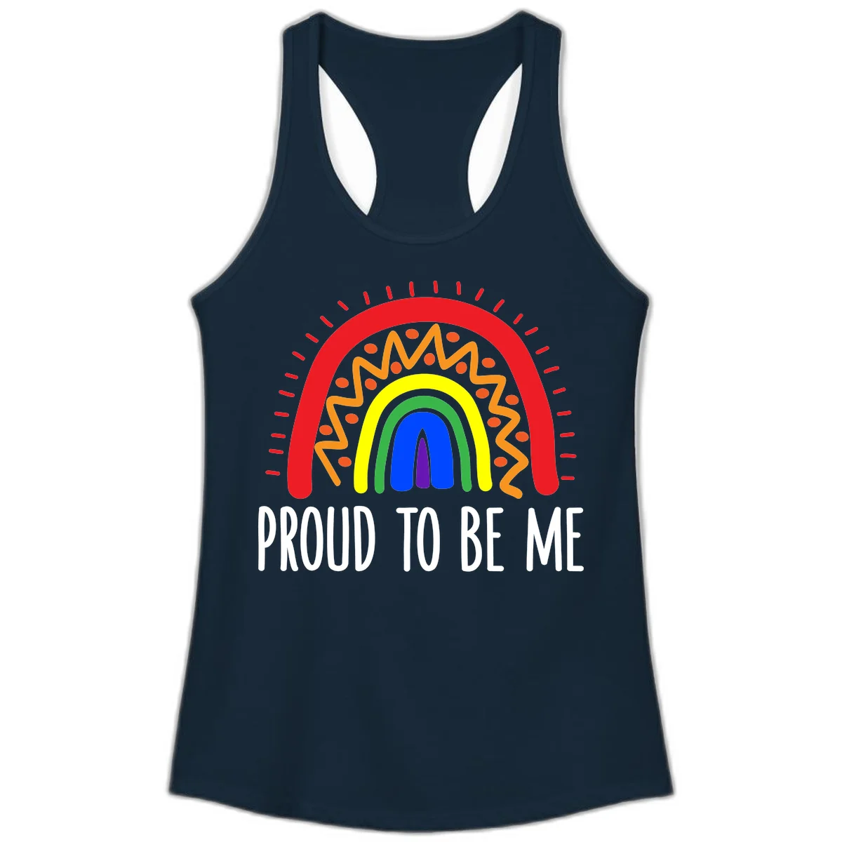 Colorful concentric rainbow arcs with radiating lines and zigzag patterns surrounding text that reads 'Proud To Be Me' in Solid Midnight Navy