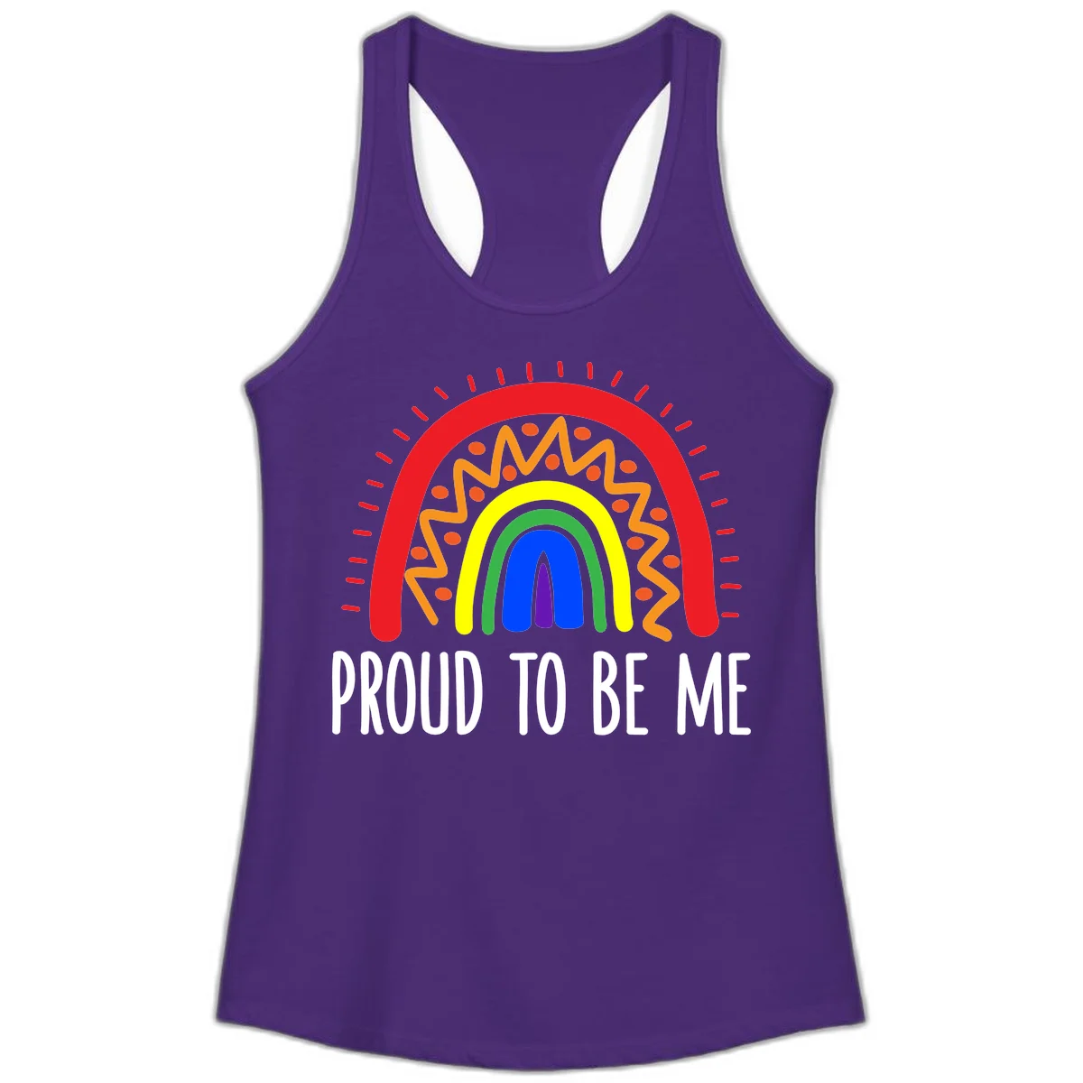 Colorful concentric rainbow arcs with radiating lines and zigzag patterns surrounding text that reads 'Proud To Be Me' in Solid Purple Rush