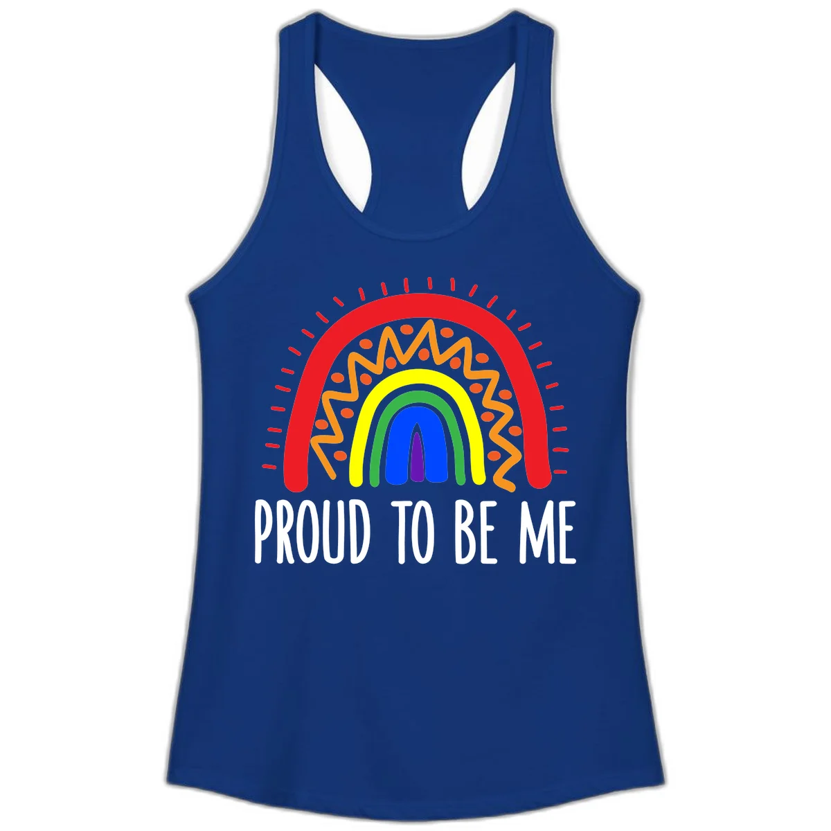 Colorful concentric rainbow arcs with radiating lines and zigzag patterns surrounding text that reads 'Proud To Be Me' in Solid Royal