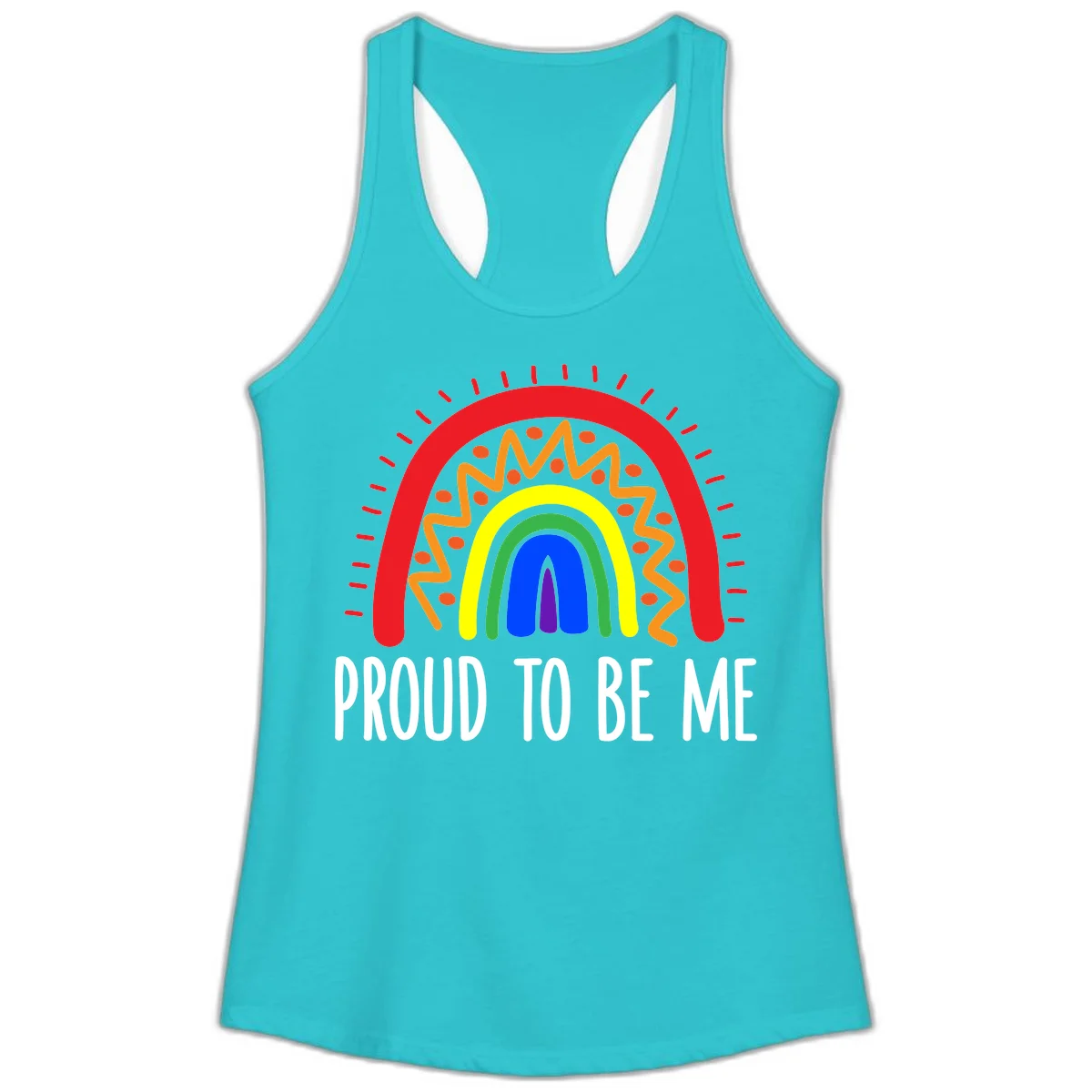 Colorful concentric rainbow arcs with radiating lines and zigzag patterns surrounding text that reads 'Proud To Be Me' in Solid Tahiti Blue