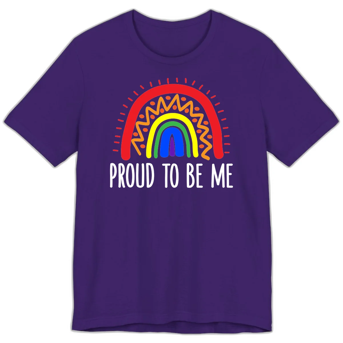 Colorful concentric rainbow arcs with radiating lines and zigzag patterns surrounding text that reads 'Proud To Be Me' in Team Purple