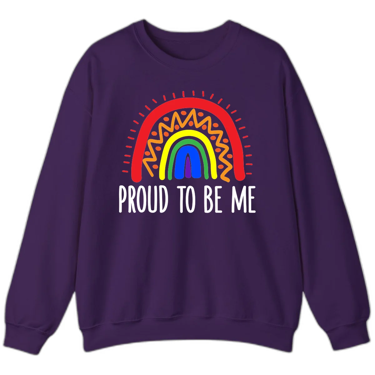 Colorful concentric rainbow arcs with radiating lines and zigzag patterns surrounding text that reads 'Proud To Be Me' in Purple