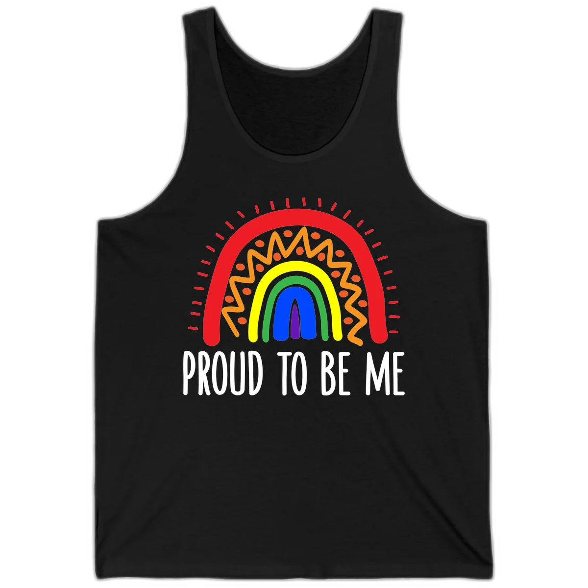 Colorful concentric rainbow arcs with radiating lines and zigzag patterns surrounding text that reads 'Proud To Be Me' in Black