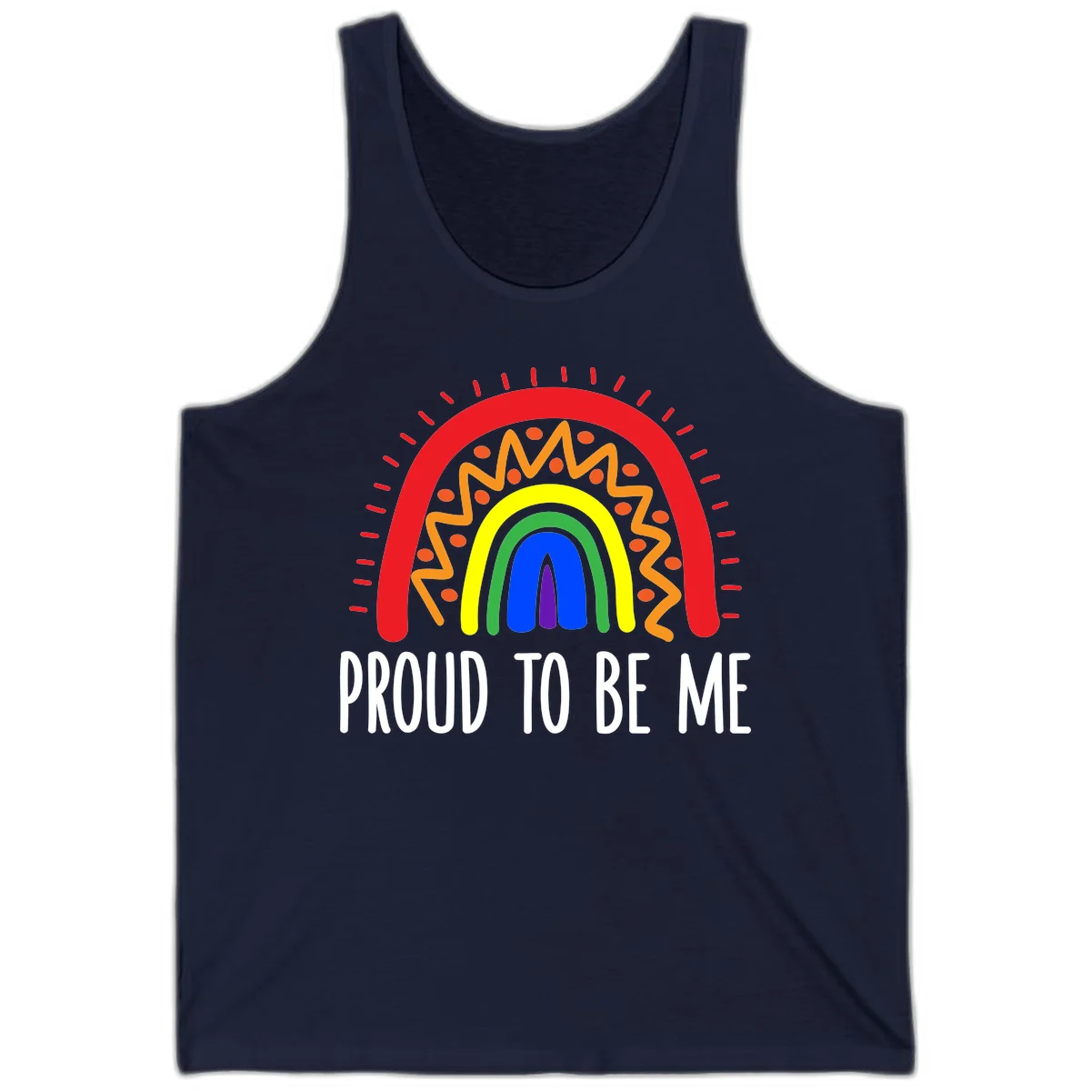 Colorful concentric rainbow arcs with radiating lines and zigzag patterns surrounding text that reads 'Proud To Be Me' in Navy