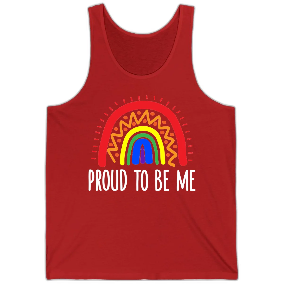 Colorful concentric rainbow arcs with radiating lines and zigzag patterns surrounding text that reads 'Proud To Be Me' in Red