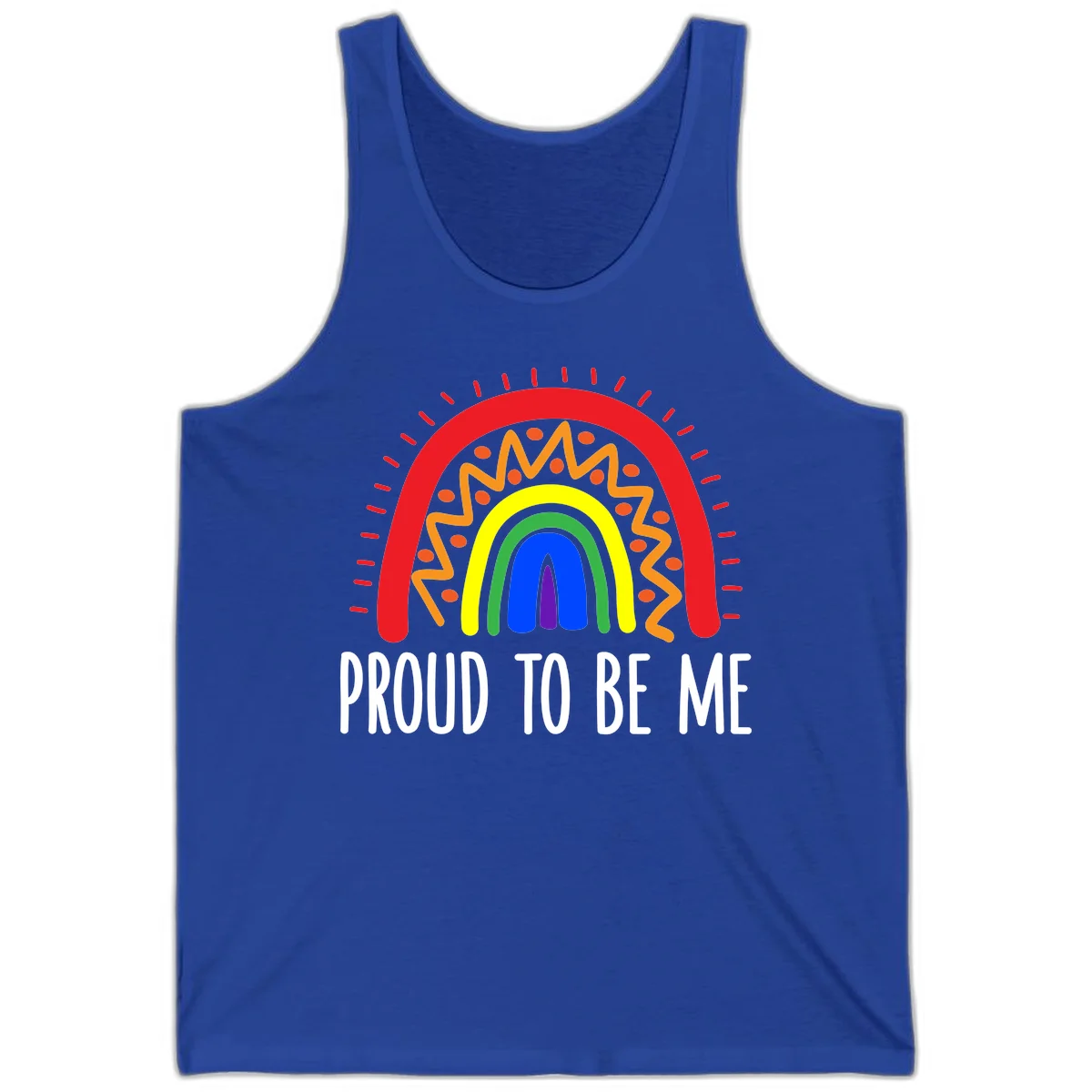 Colorful concentric rainbow arcs with radiating lines and zigzag patterns surrounding text that reads 'Proud To Be Me' in True Royal