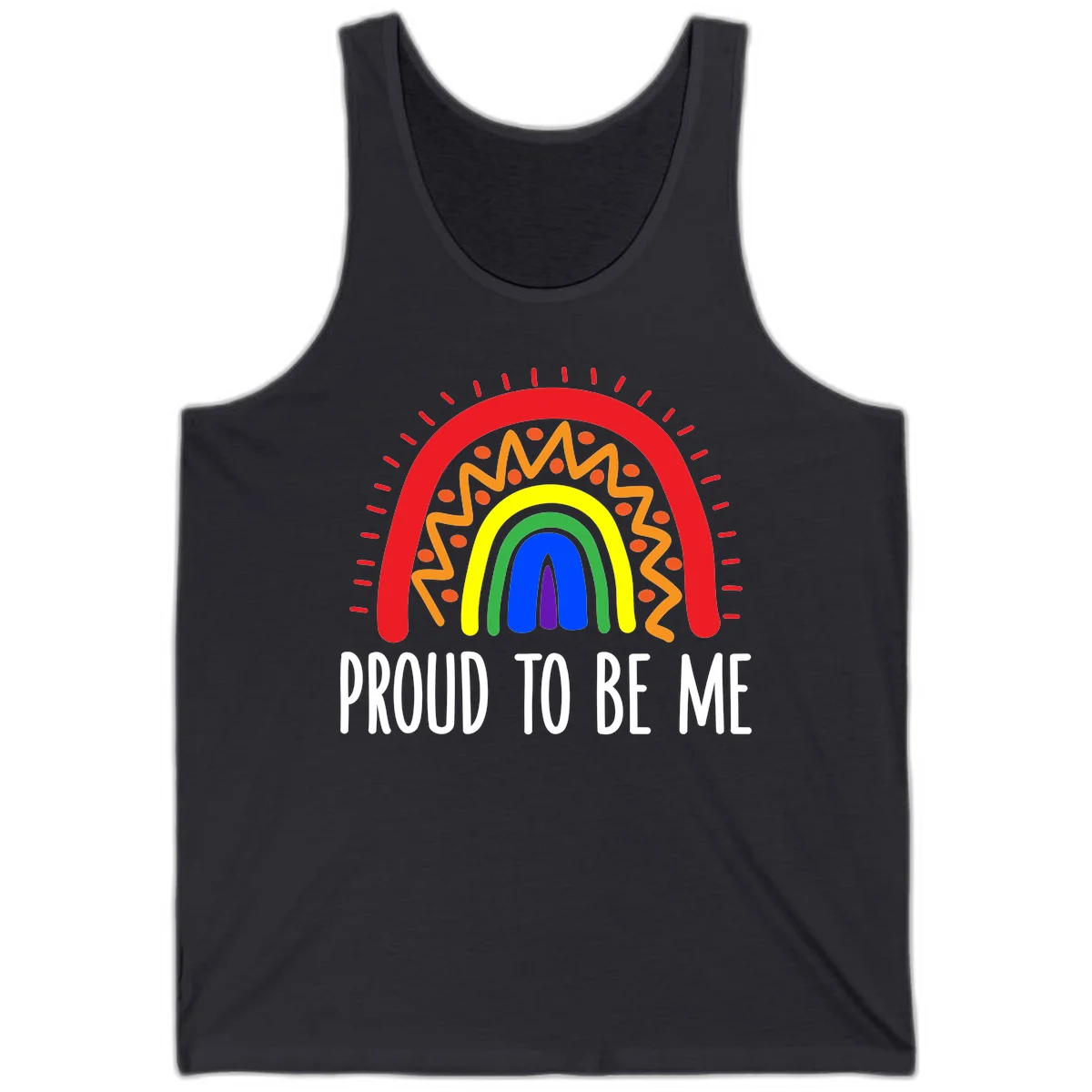 Colorful concentric rainbow arcs with radiating lines and zigzag patterns surrounding text that reads 'Proud To Be Me' in Dark Grey