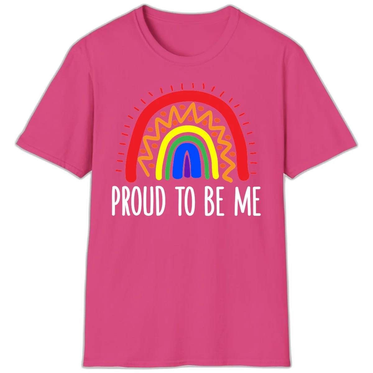 Colorful concentric rainbow arcs with radiating lines and zigzag patterns surrounding text that reads 'Proud To Be Me' in Heliconia