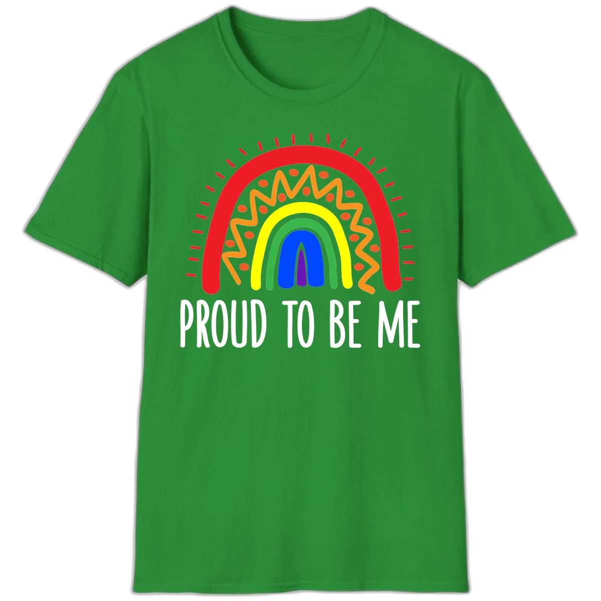 Colorful concentric rainbow arcs with radiating lines and zigzag patterns surrounding text that reads 'Proud To Be Me' in Irish Green