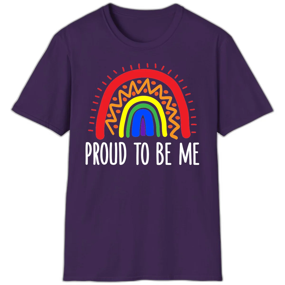 Colorful concentric rainbow arcs with radiating lines and zigzag patterns surrounding text that reads 'Proud To Be Me' in Purple