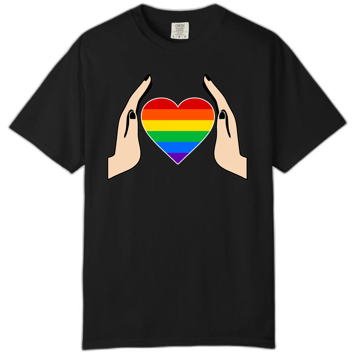 Two hands protectively frame a rainbow-striped heart symbol representing LGBTQ+ pride and community support in Black