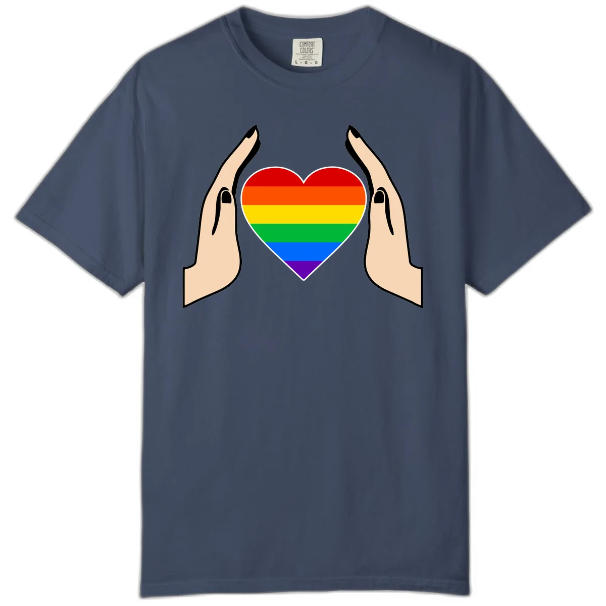 Two hands protectively frame a rainbow-striped heart symbol representing LGBTQ+ pride and community support in Midnight