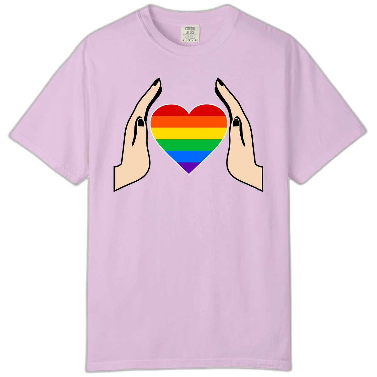 Two hands protectively frame a rainbow-striped heart symbol representing LGBTQ+ pride and community support in Orchid