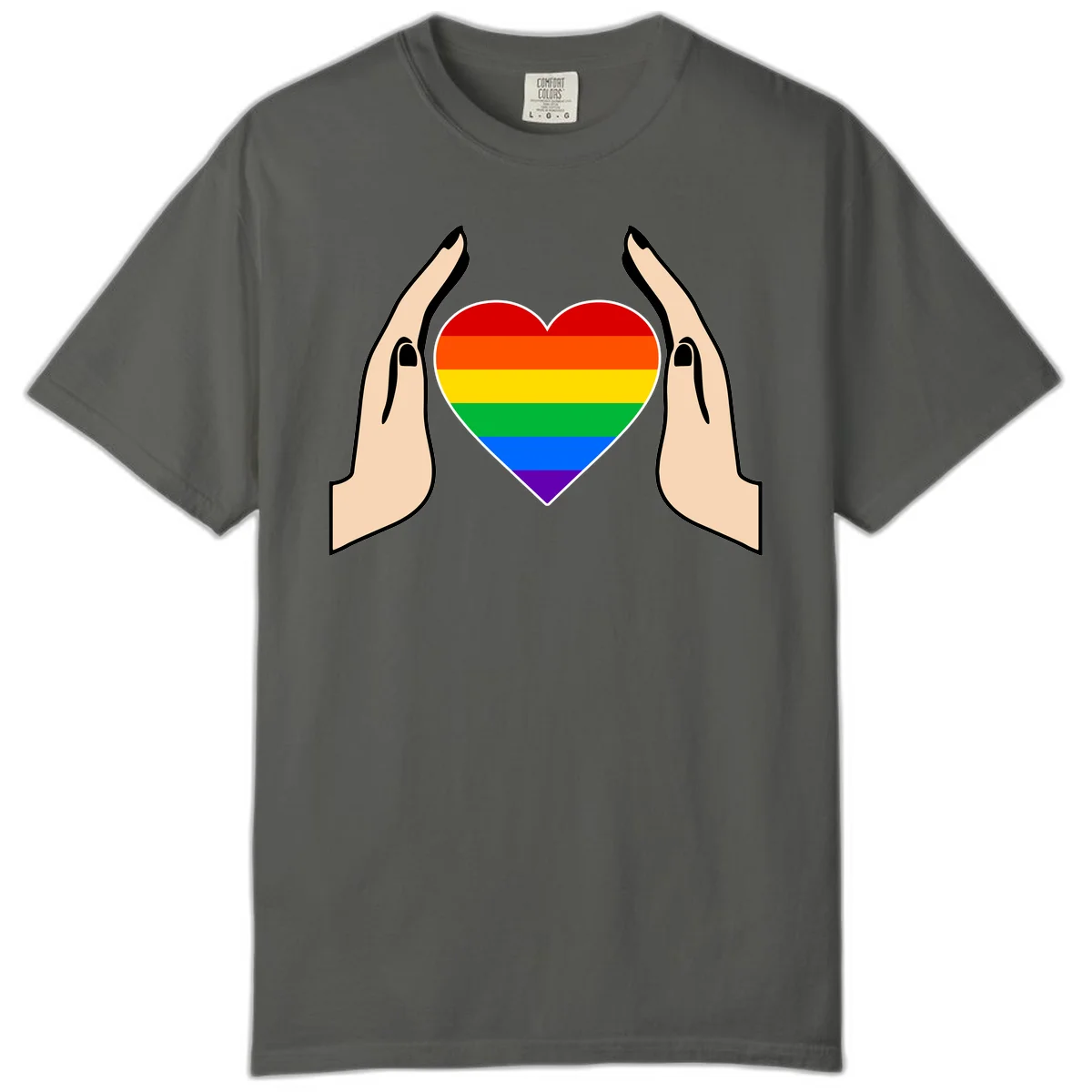Two hands protectively frame a rainbow-striped heart symbol representing LGBTQ+ pride and community support in Pepper