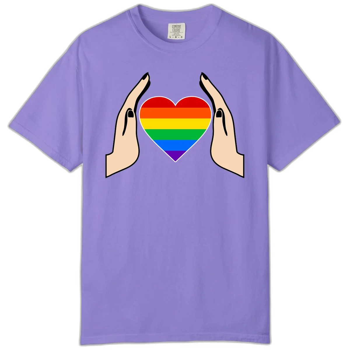 Two hands protectively frame a rainbow-striped heart symbol representing LGBTQ+ pride and community support in Violet