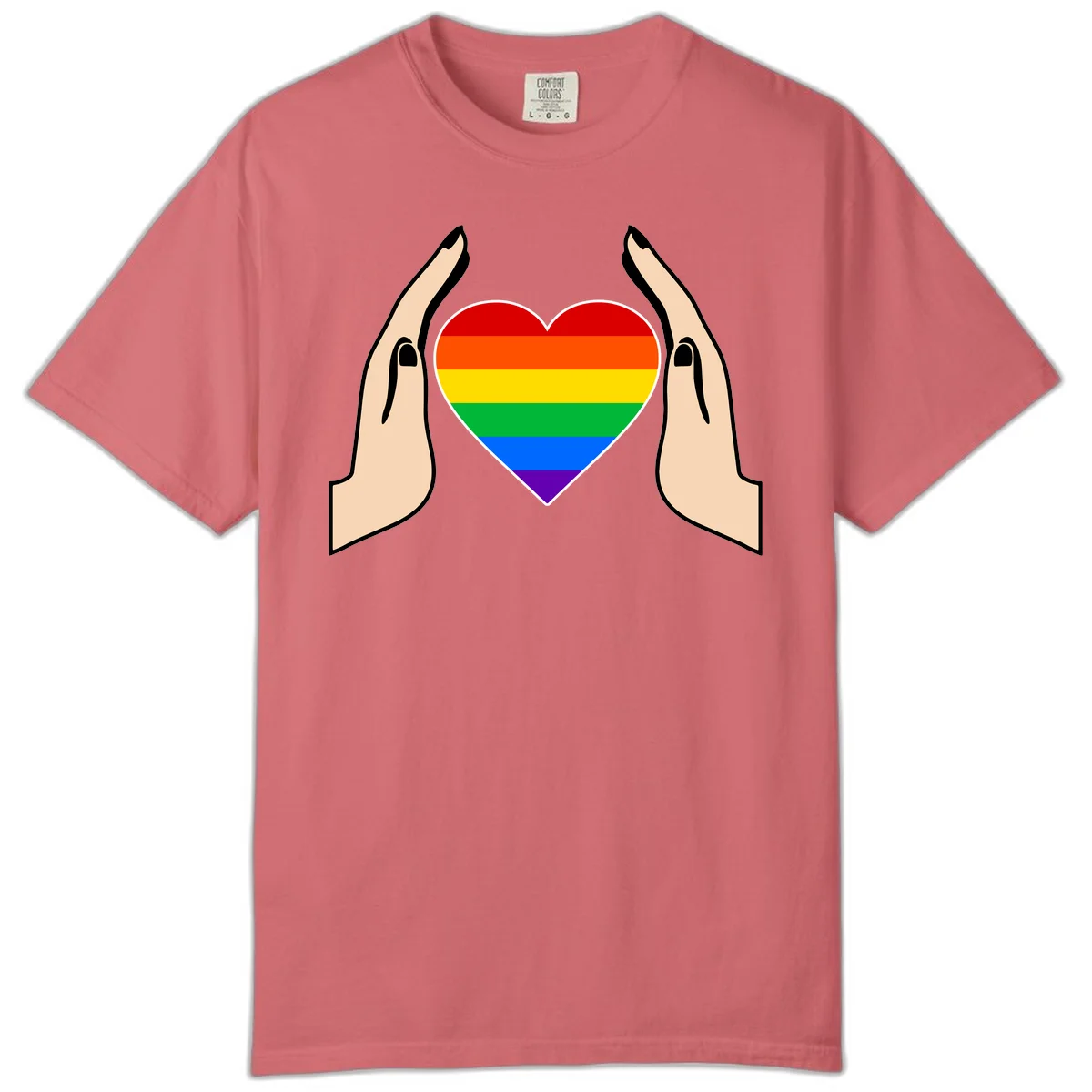 Two hands protectively frame a rainbow-striped heart symbol representing LGBTQ+ pride and community support in Watermelon