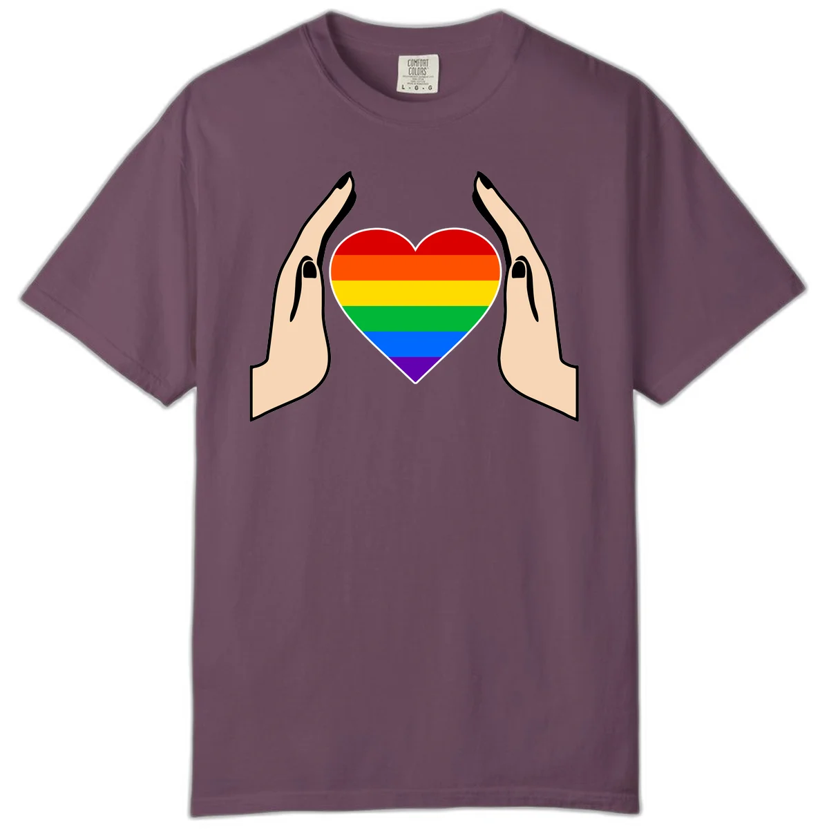 Two hands protectively frame a rainbow-striped heart symbol representing LGBTQ+ pride and community support in Berry