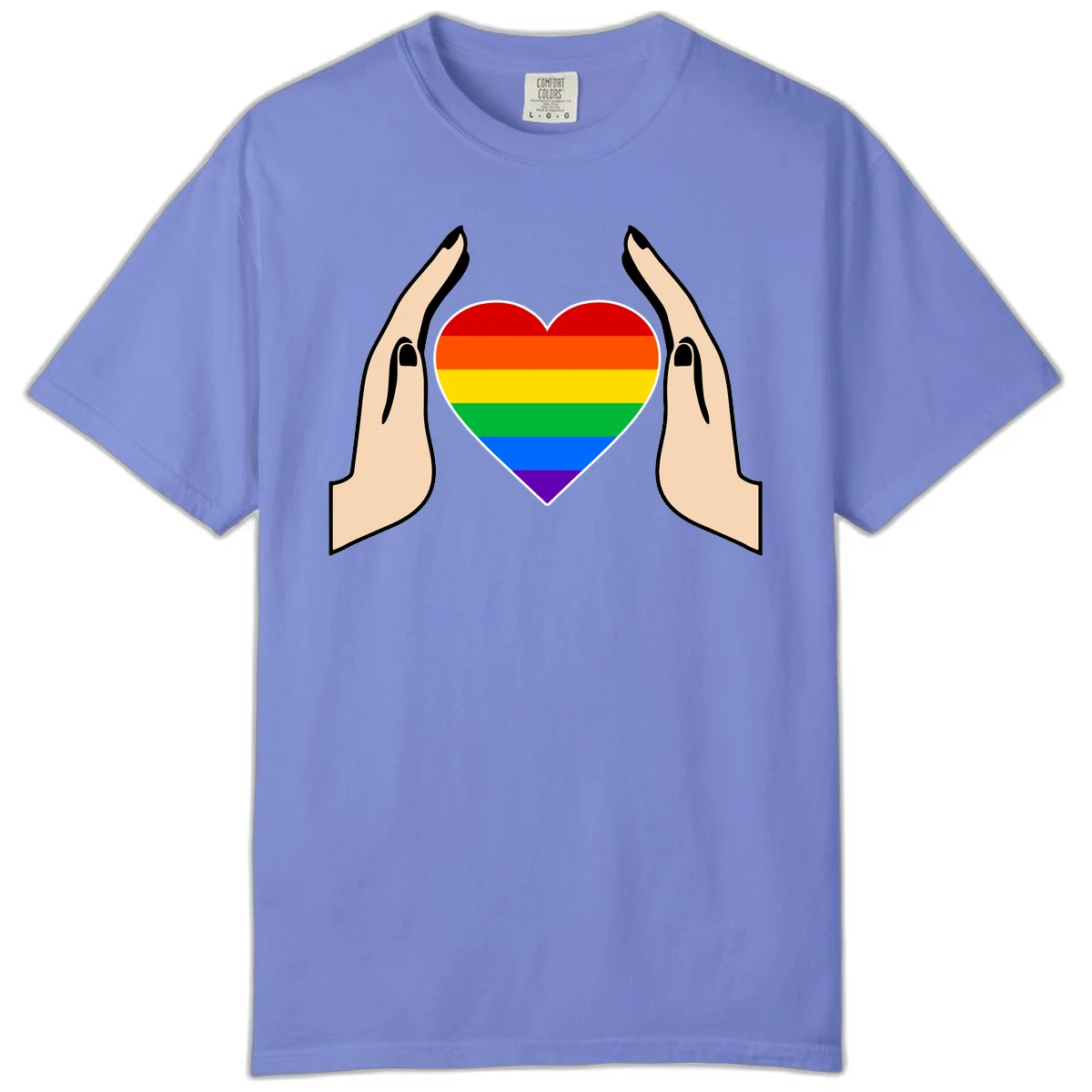 Two hands protectively frame a rainbow-striped heart symbol representing LGBTQ+ pride and community support in Flo Blue