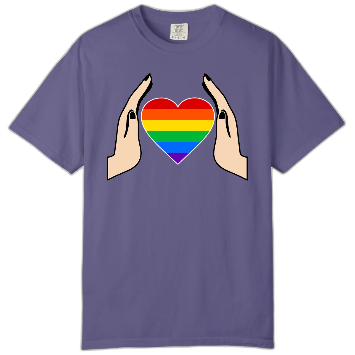 Two hands protectively frame a rainbow-striped heart symbol representing LGBTQ+ pride and community support in Grape