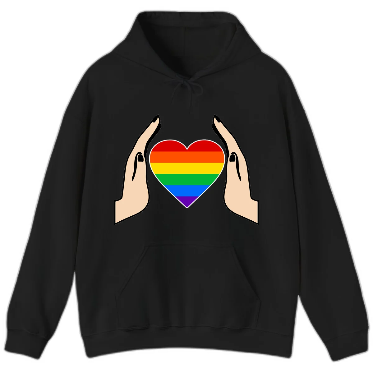 Two hands protectively frame a rainbow-striped heart symbol representing LGBTQ+ pride and community support in Black