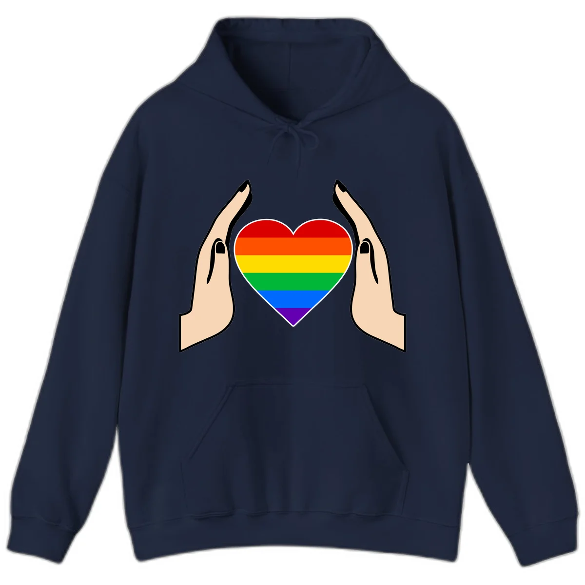 Two hands protectively frame a rainbow-striped heart symbol representing LGBTQ+ pride and community support in Navy