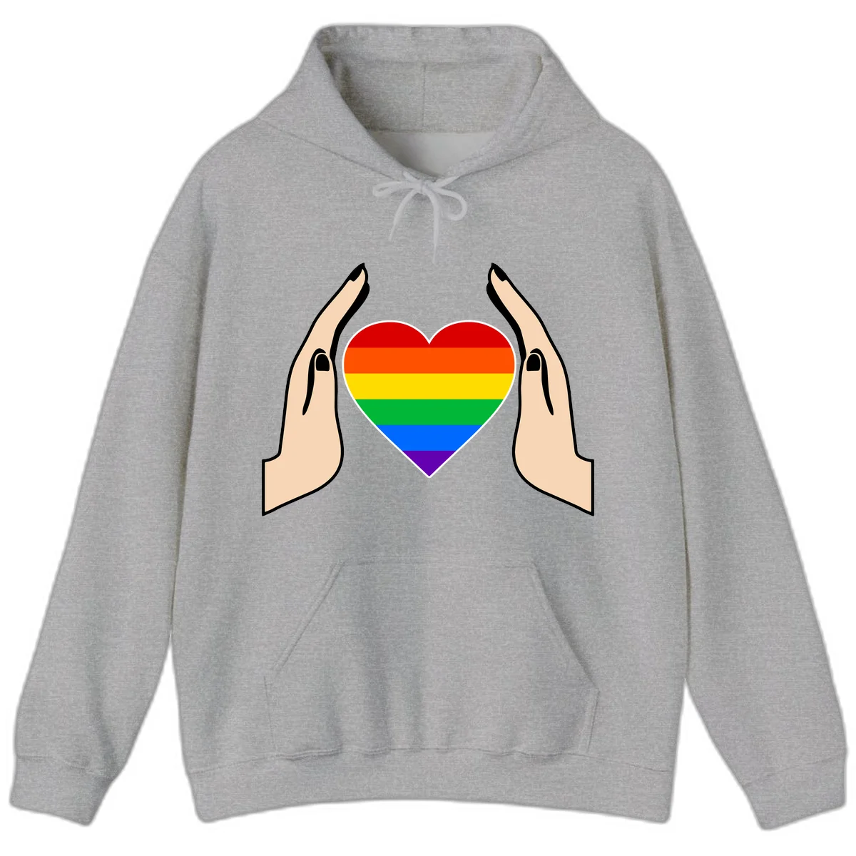 Two hands protectively frame a rainbow-striped heart symbol representing LGBTQ+ pride and community support in Sport Grey