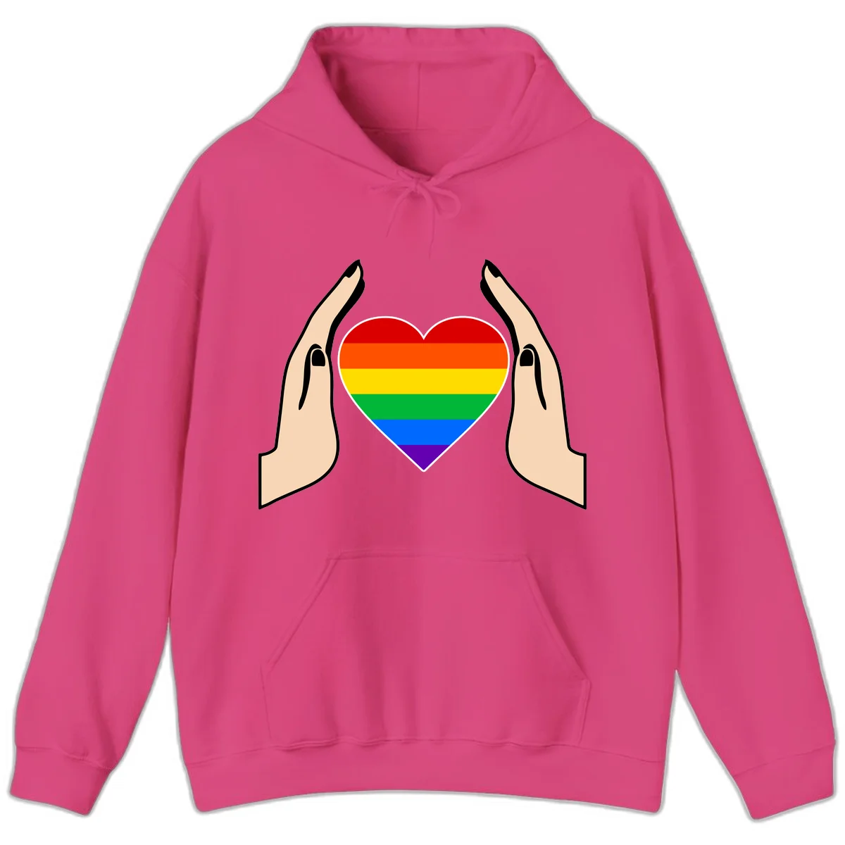 Two hands protectively frame a rainbow-striped heart symbol representing LGBTQ+ pride and community support in Heliconia