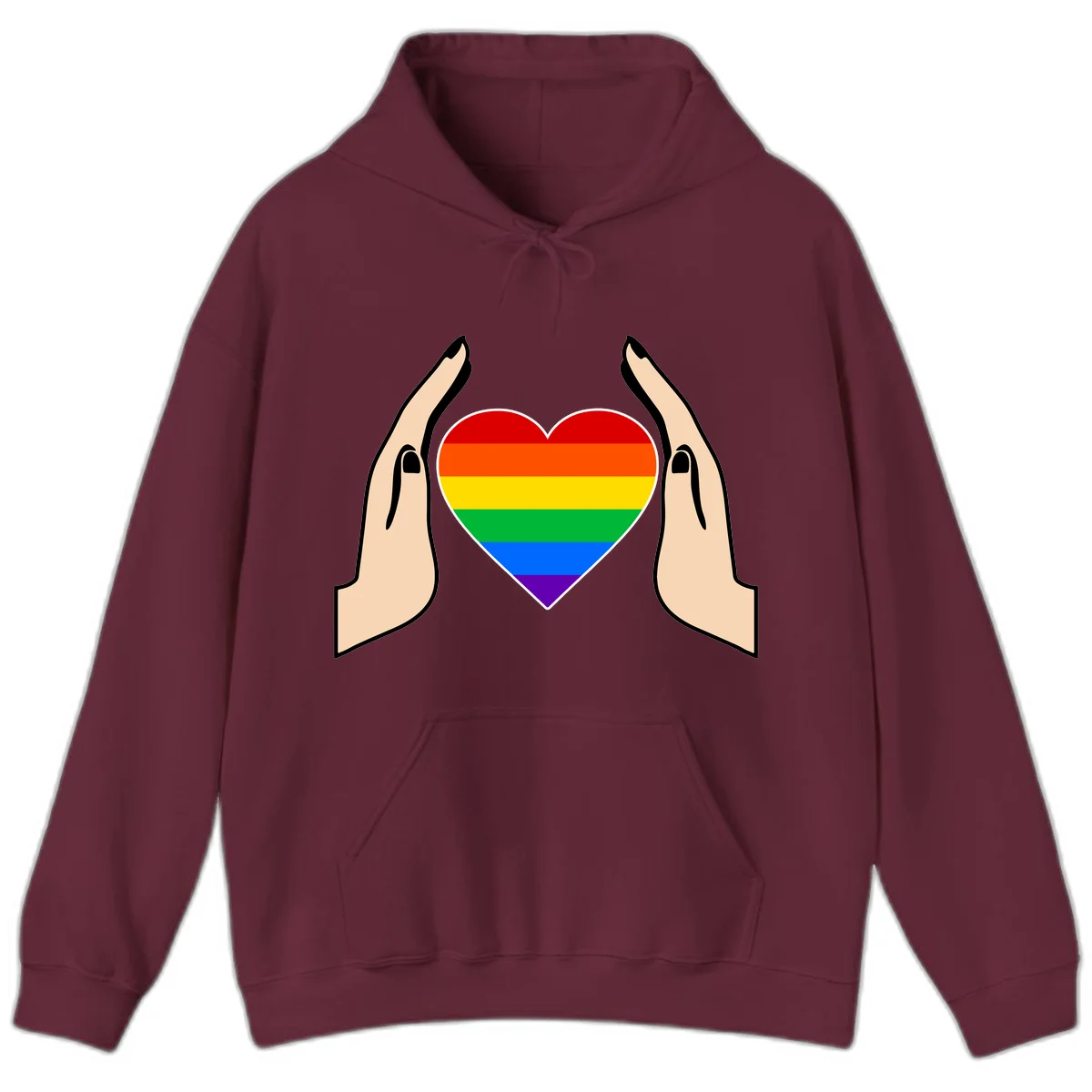 Two hands protectively frame a rainbow-striped heart symbol representing LGBTQ+ pride and community support in Maroon