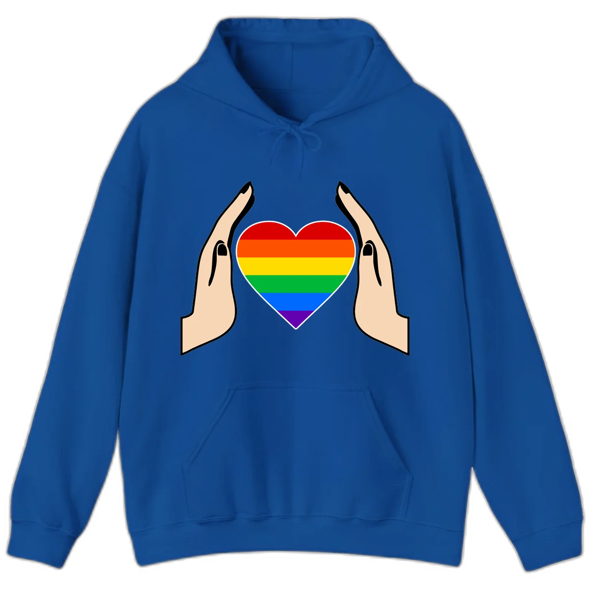 Two hands protectively frame a rainbow-striped heart symbol representing LGBTQ+ pride and community support in Royal