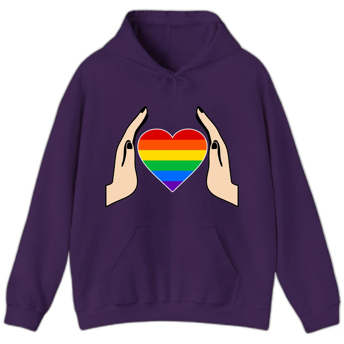 Two hands protectively frame a rainbow-striped heart symbol representing LGBTQ+ pride and community support in Purple