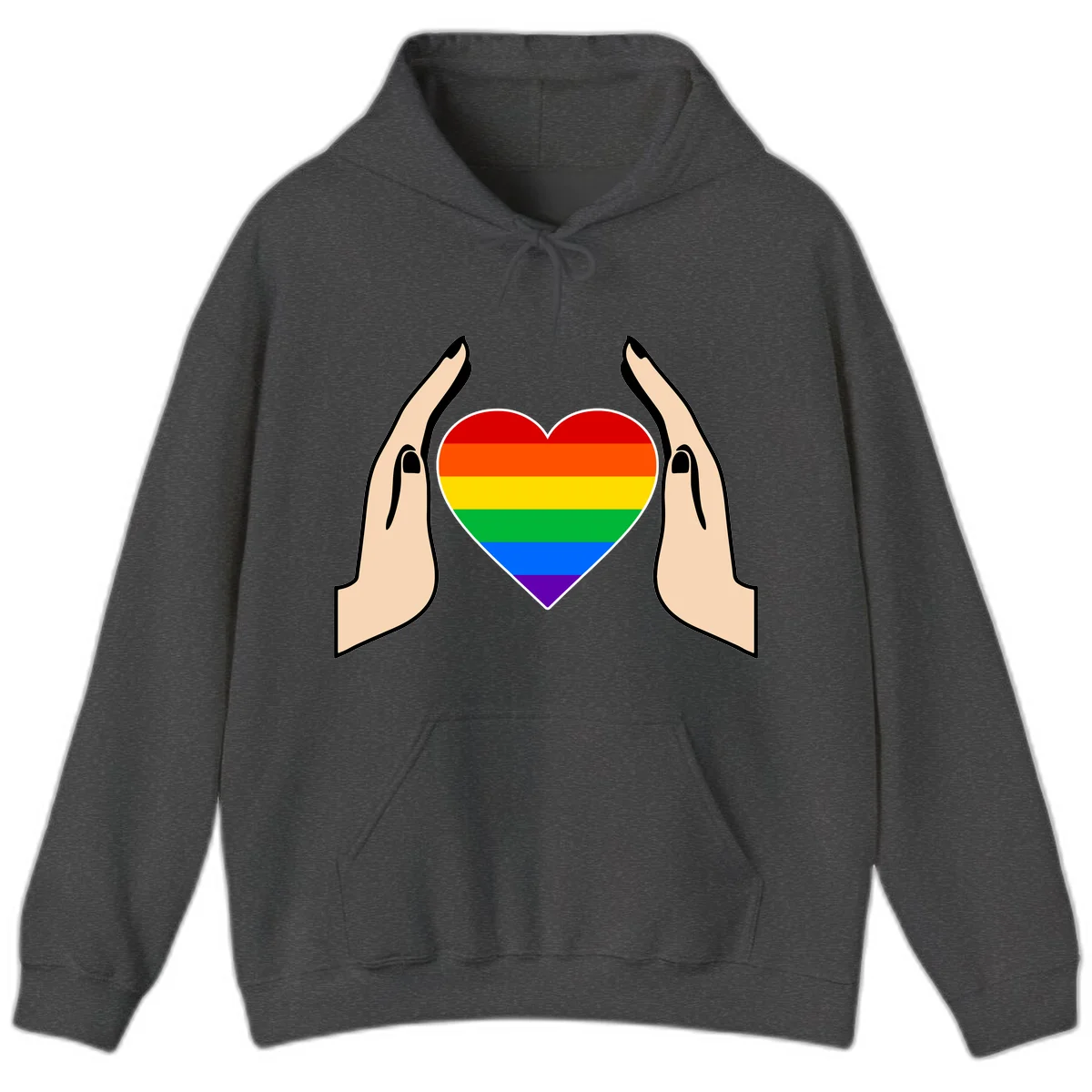 Two hands protectively frame a rainbow-striped heart symbol representing LGBTQ+ pride and community support in Dark Heather