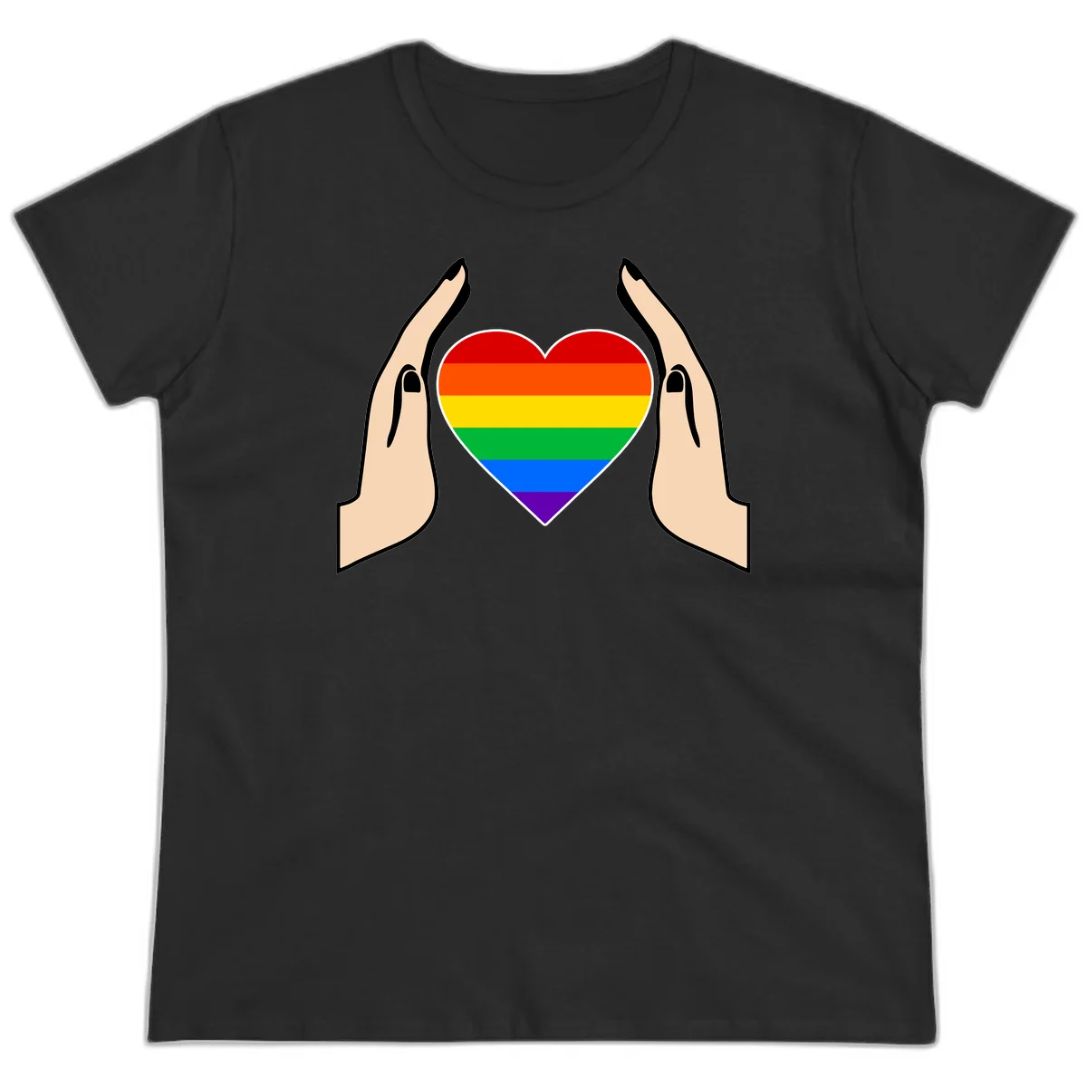 Two hands protectively frame a rainbow-striped heart symbol representing LGBTQ+ pride and community support in Black