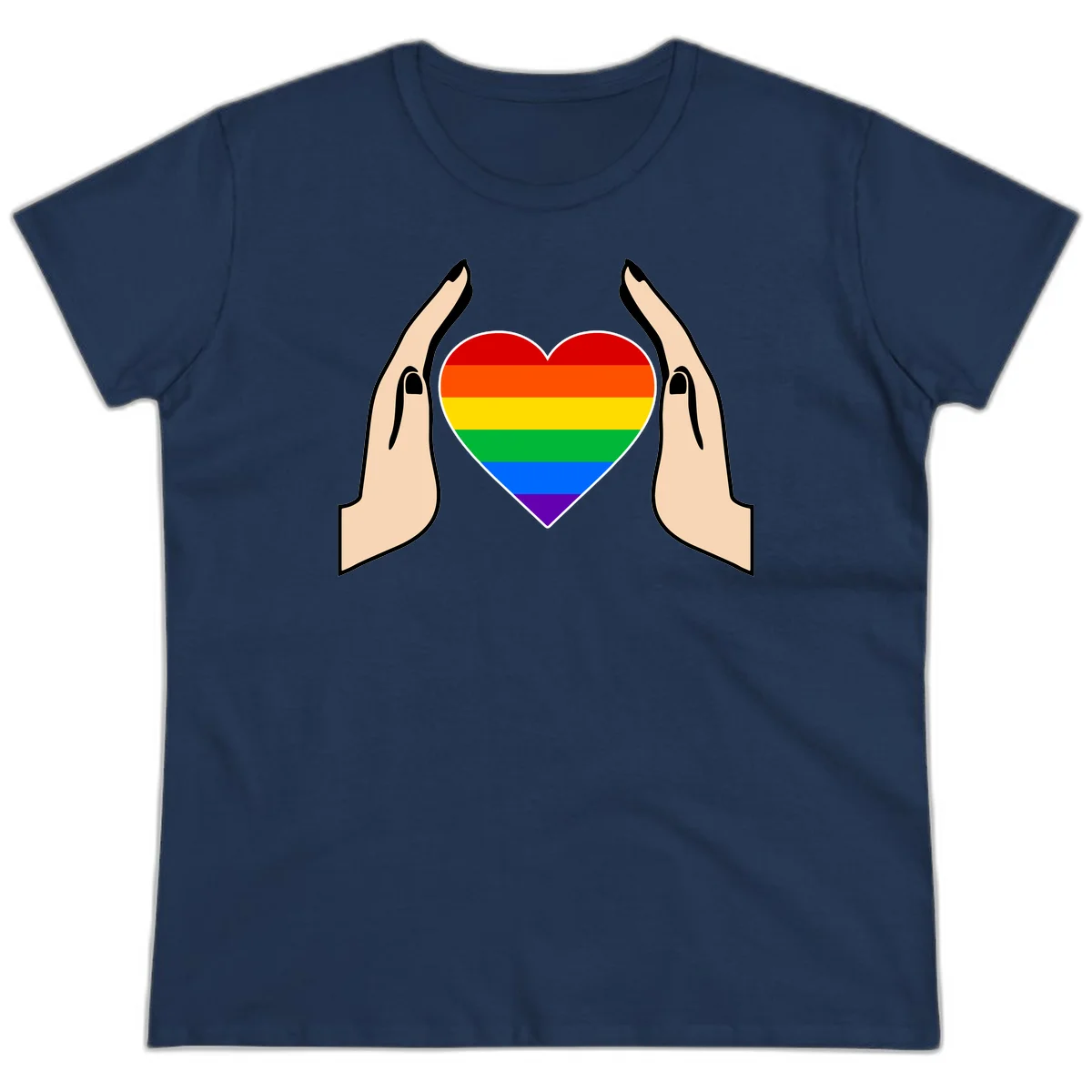 Two hands protectively frame a rainbow-striped heart symbol representing LGBTQ+ pride and community support in Navy