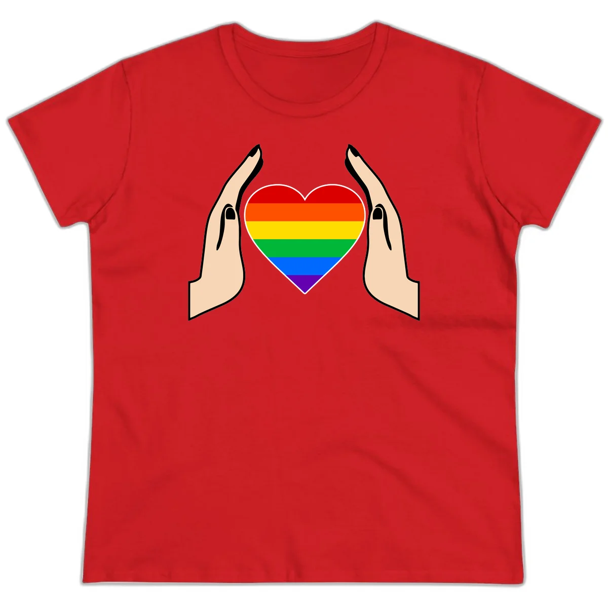 Two hands protectively frame a rainbow-striped heart symbol representing LGBTQ+ pride and community support in Red