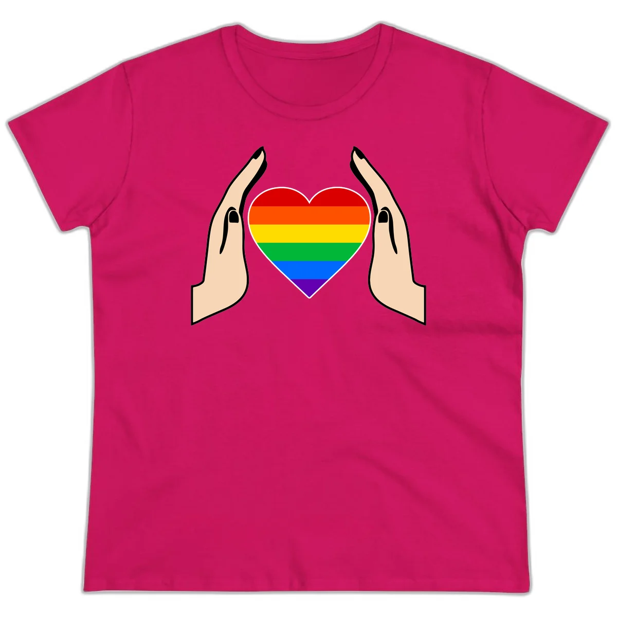 Two hands protectively frame a rainbow-striped heart symbol representing LGBTQ+ pride and community support in Heliconia