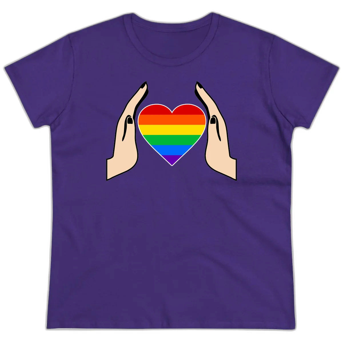 Two hands protectively frame a rainbow-striped heart symbol representing LGBTQ+ pride and community support in Purple
