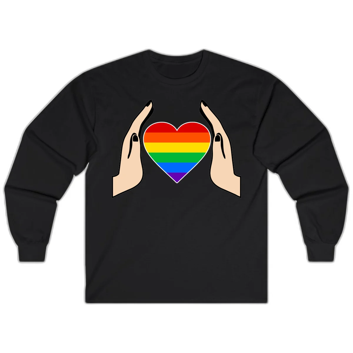 Two hands protectively frame a rainbow-striped heart symbol representing LGBTQ+ pride and community support in Black