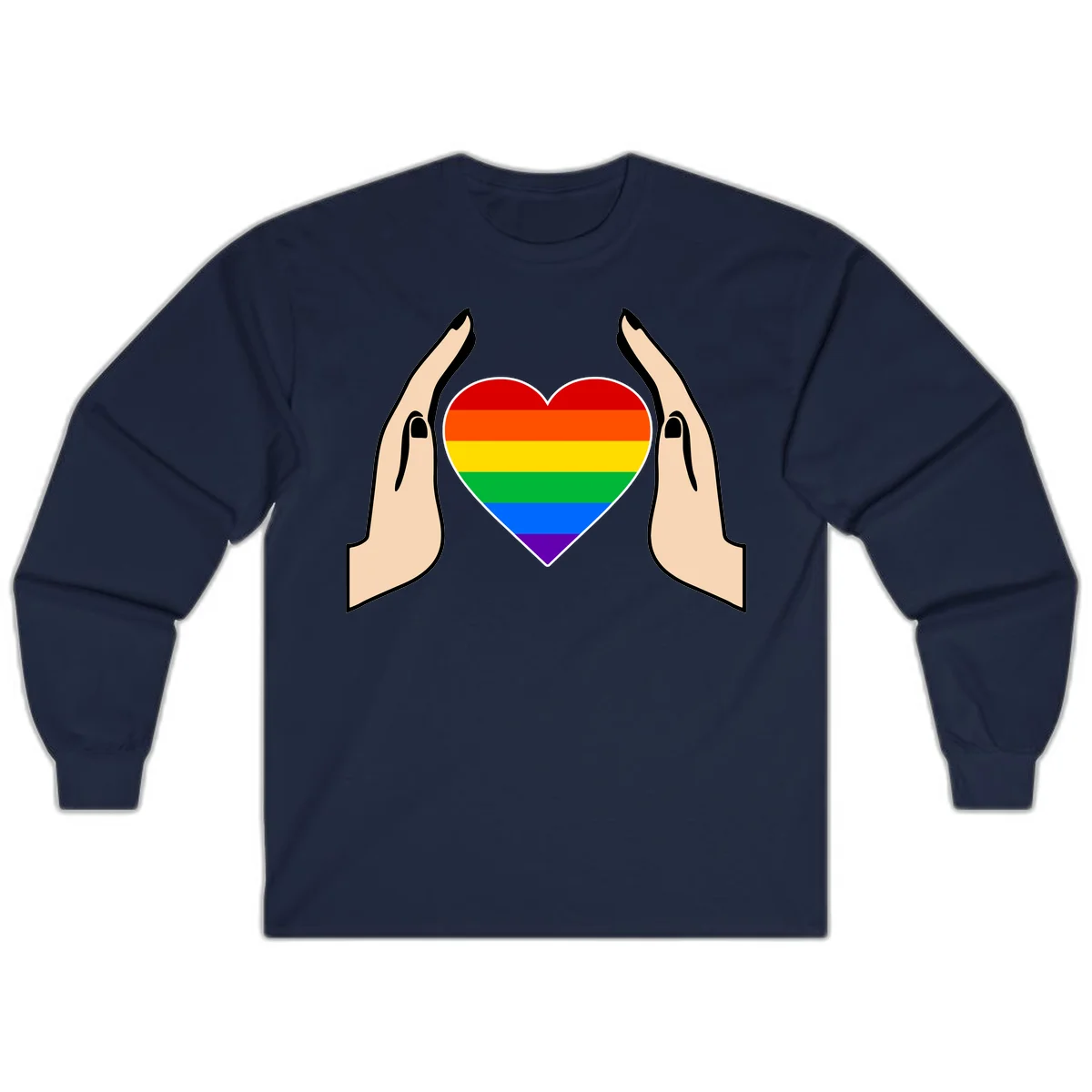 Two hands protectively frame a rainbow-striped heart symbol representing LGBTQ+ pride and community support in Navy