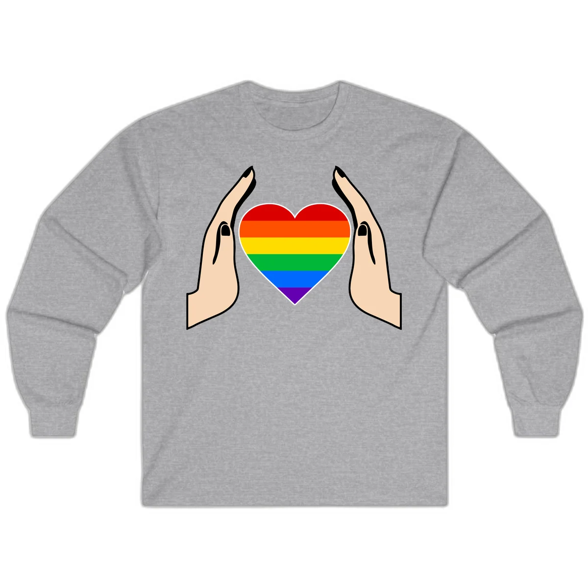 Two hands protectively frame a rainbow-striped heart symbol representing LGBTQ+ pride and community support in Sport Grey