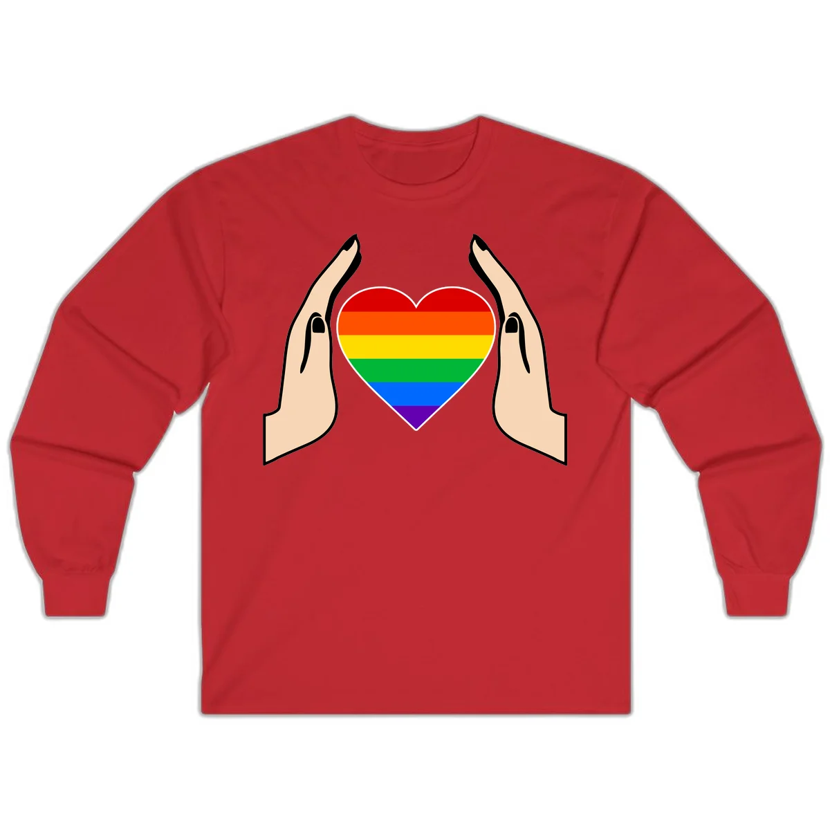 Two hands protectively frame a rainbow-striped heart symbol representing LGBTQ+ pride and community support in Red