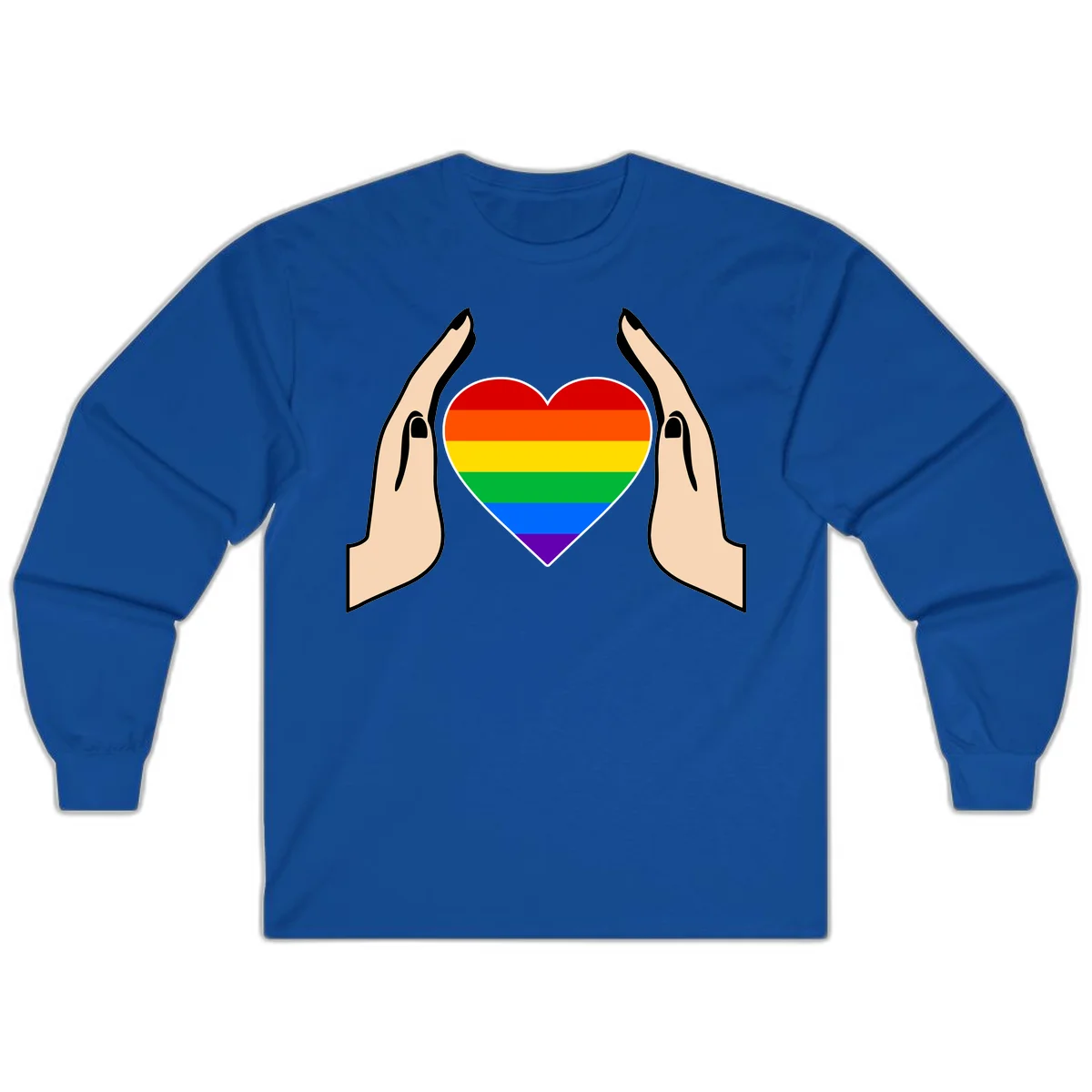 Two hands protectively frame a rainbow-striped heart symbol representing LGBTQ+ pride and community support in Royal