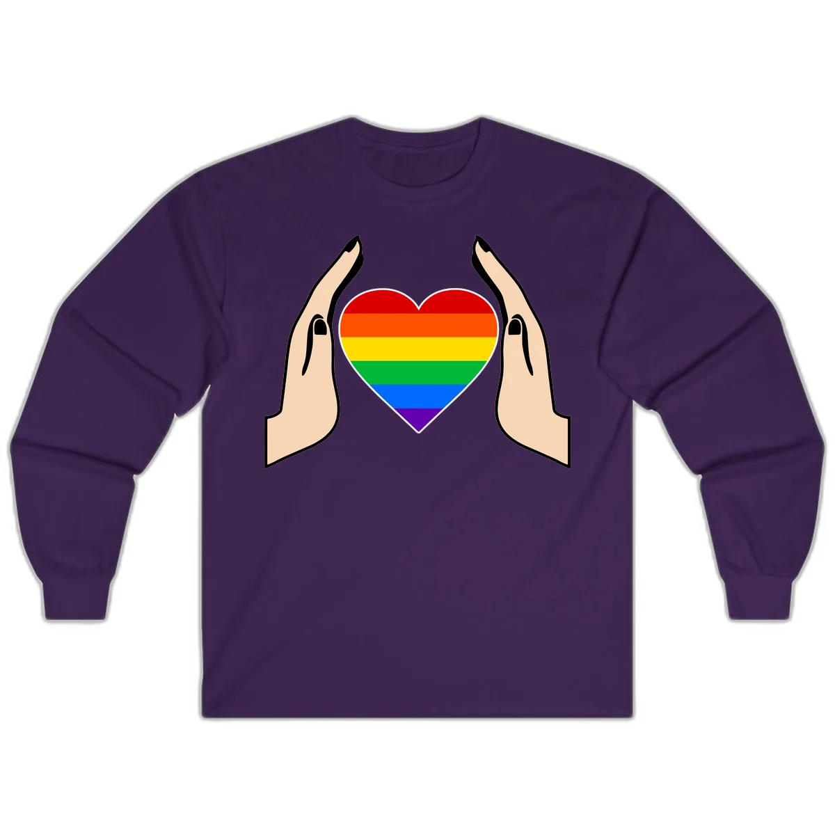 Two hands protectively frame a rainbow-striped heart symbol representing LGBTQ+ pride and community support in Purple