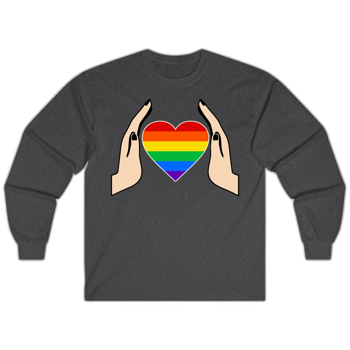 Two hands protectively frame a rainbow-striped heart symbol representing LGBTQ+ pride and community support in Dark Heather