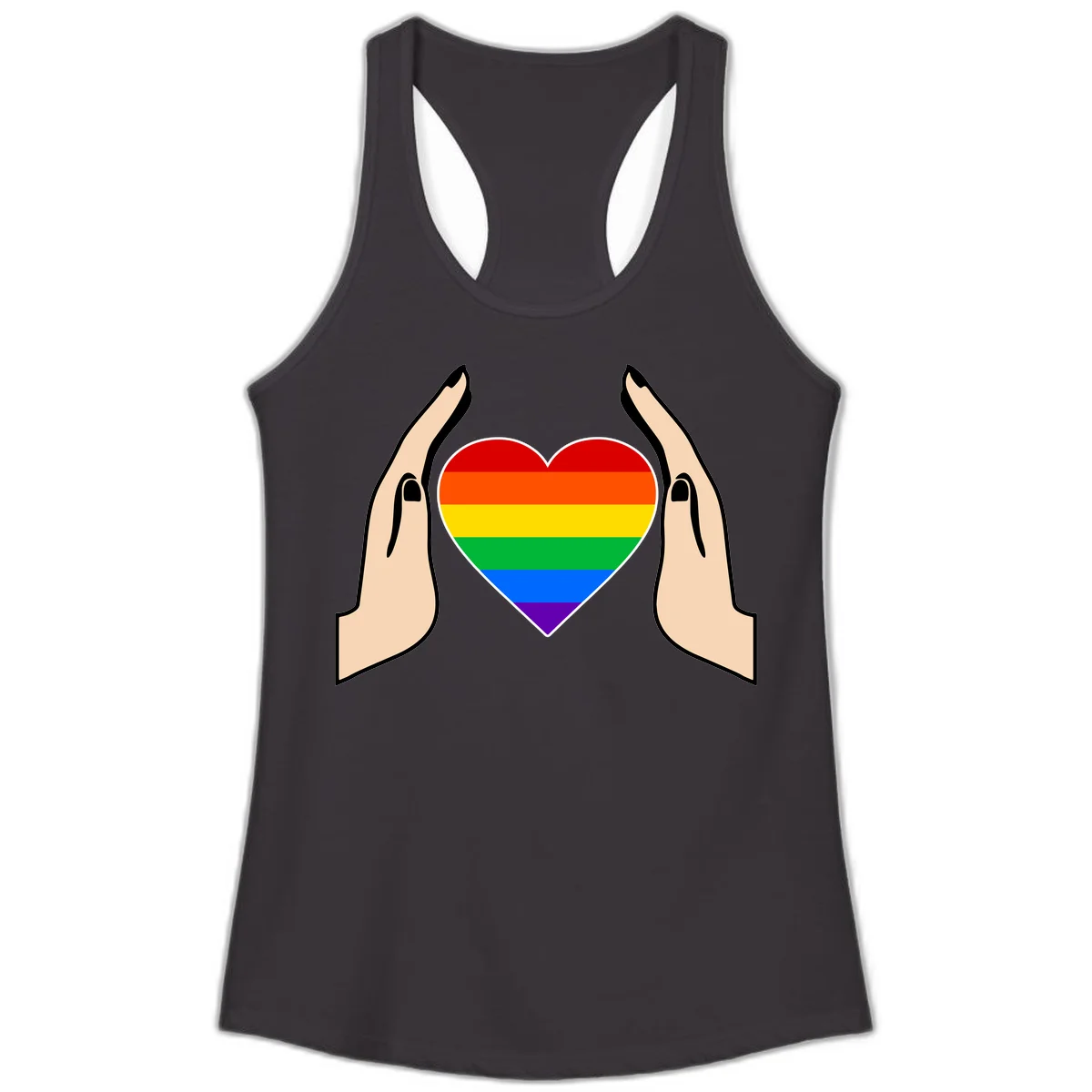 Two hands protectively frame a rainbow-striped heart symbol representing LGBTQ+ pride and community support in Black